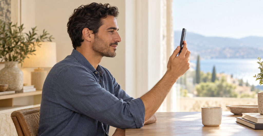 Telefonu yüz hizasına yakın tutarak dik bir duruşla kullanan adam