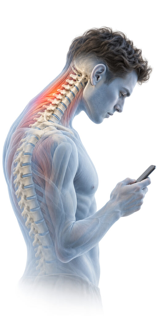 Telefona bakarken öne eğilen boyun ve omurga üzerindeki yükü gösteren anatomik illüstrasyon